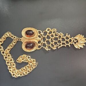 Vintage large gold owl pendant necklace amber eyes